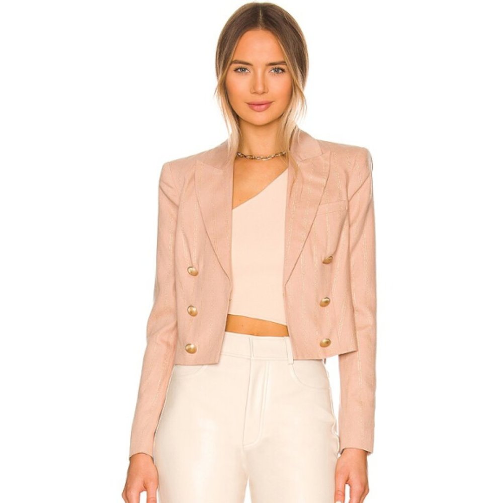 L'AGENCE 'Inez' Cropped Metallic-Stripe Double Breasted Blazer, Biscuit Revolve